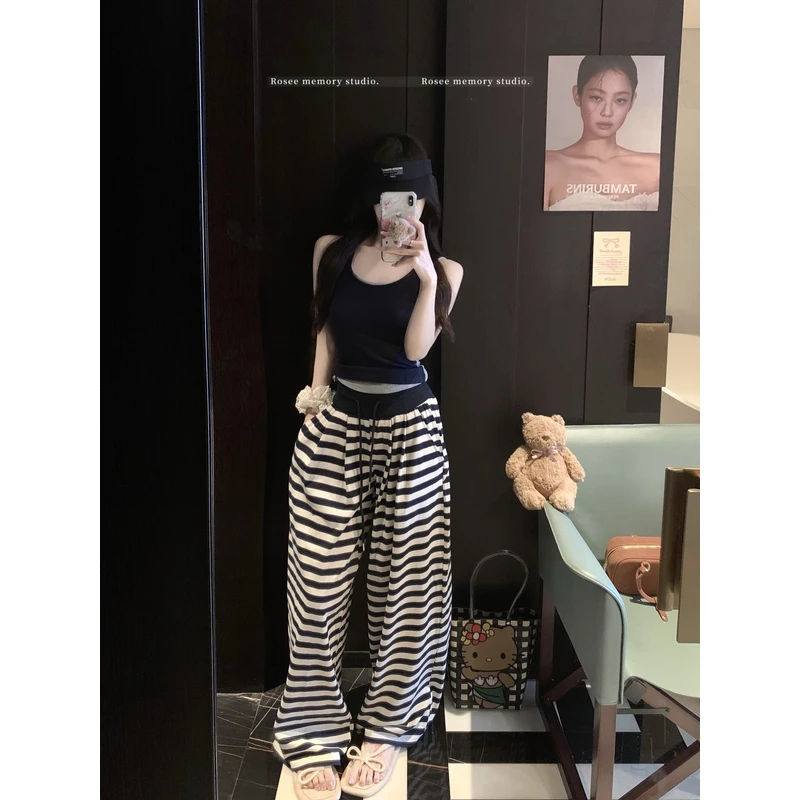 2025新款韩版撞色条纹百搭高腰阔腿拖地裤修身拼色辣妹背心套装女