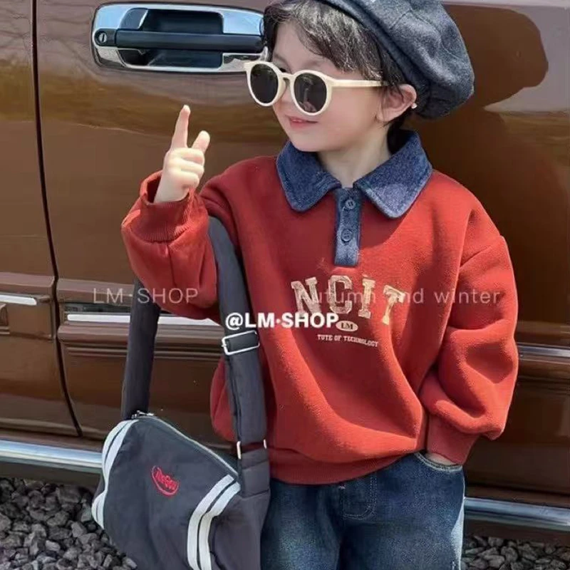 儿童冬季加绒加厚上衣POLO衫洋气安哥拉红奥利绒卫衣男女童过年服