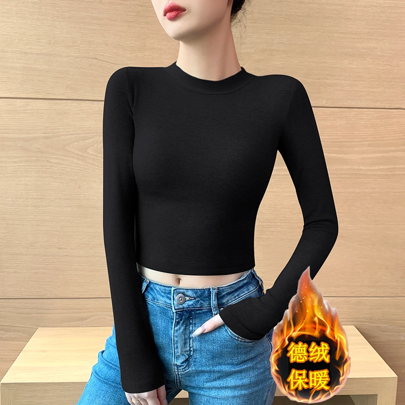 德绒打底衫女春秋冬2026新款内搭修身高腰紧身保暖上衣小个子T恤