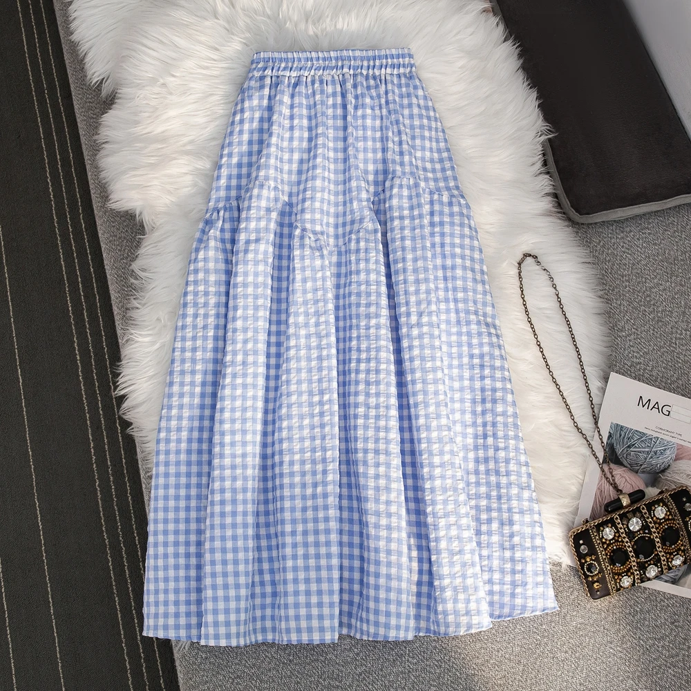 复古蓝色格纹拼接a字半身裙女春夏新款高腰显瘦中长大摆伞裙