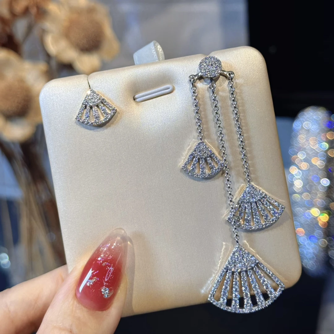 合金合成锆石耳饰 杨杨babytime 奢华明星不对称超闪满钻扇形耳钉