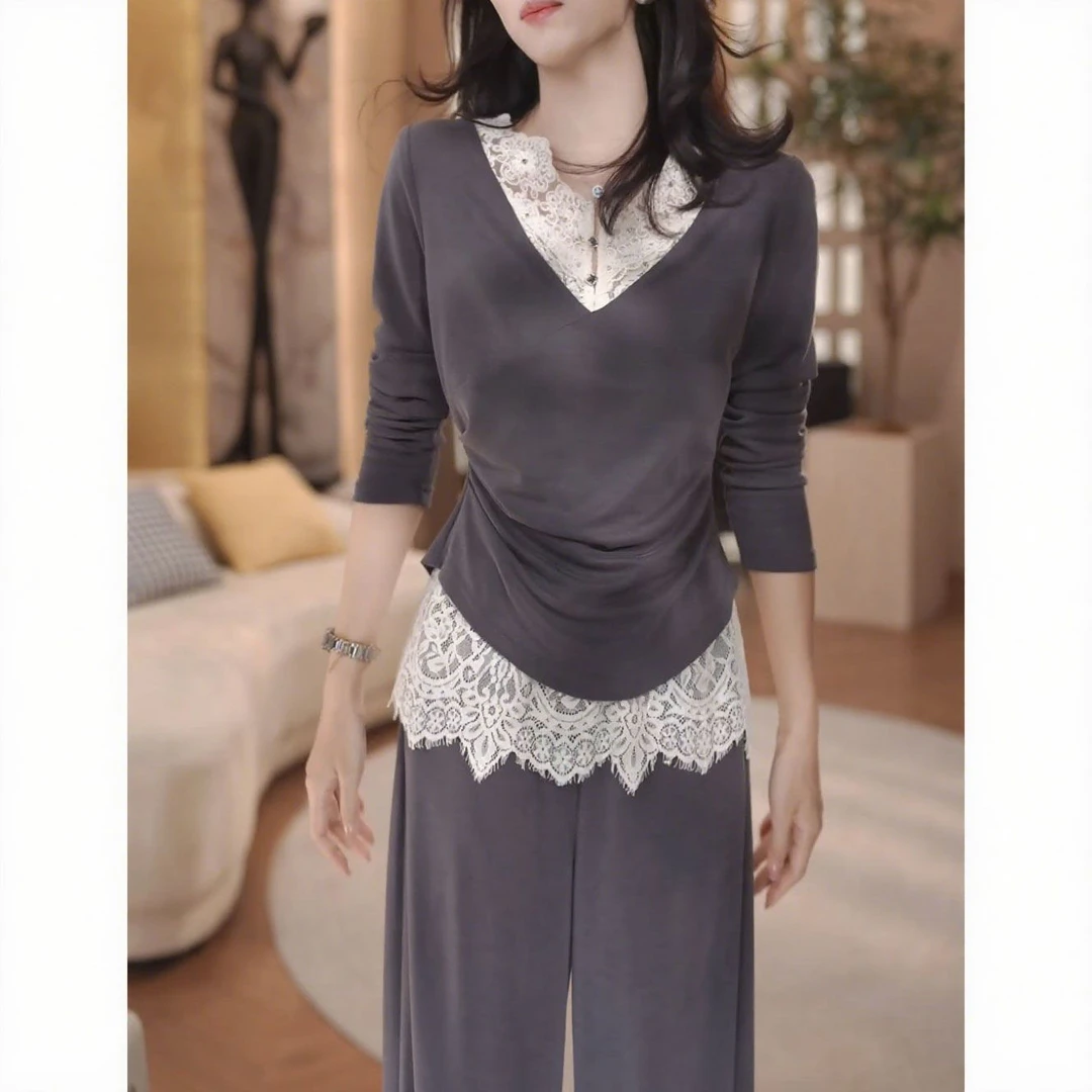 时尚休闲套装女2025早秋新款洋气设计感蕾丝拼接上衣阔腿裤两件套