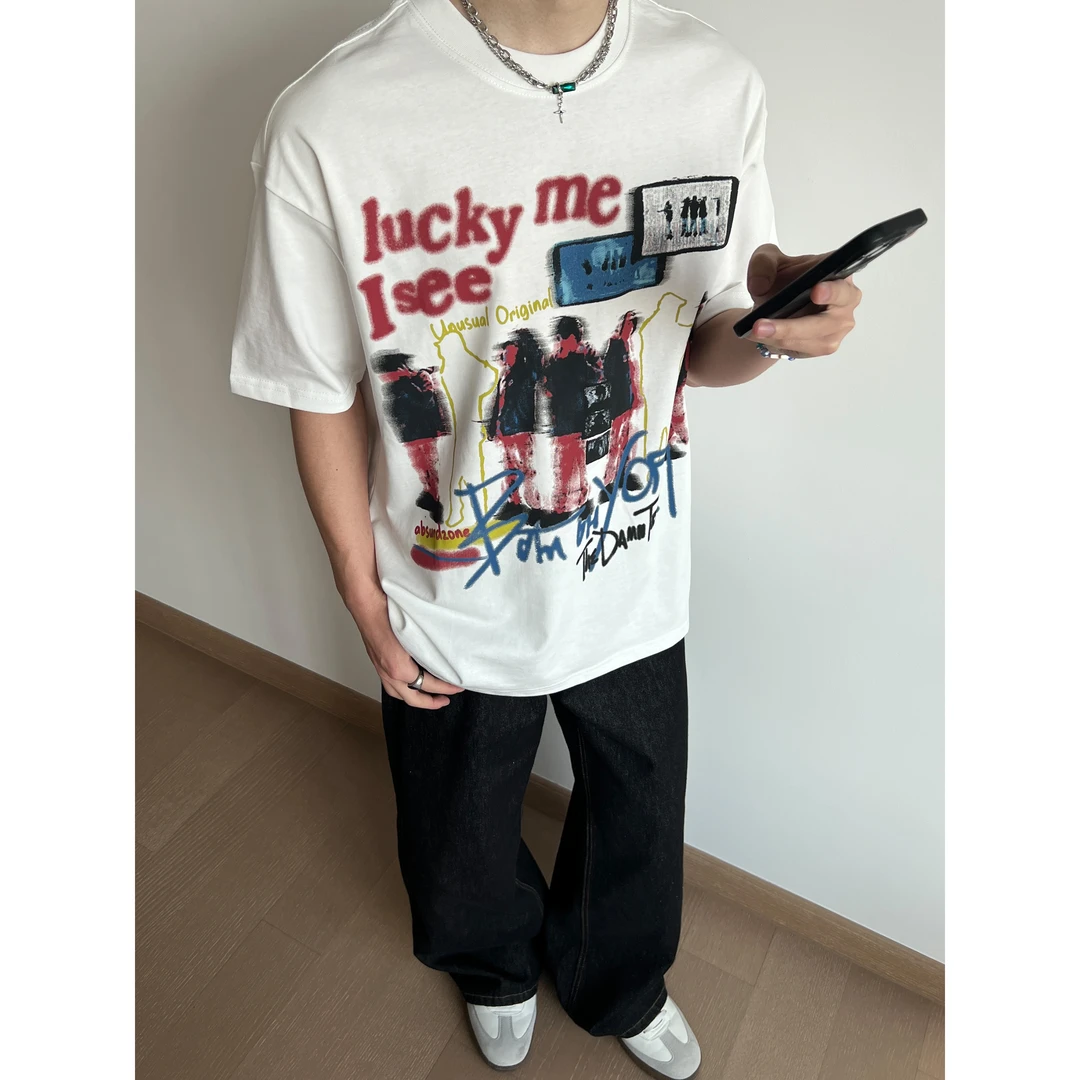 UNLG美式复古做旧虚幻人像印花重磅纯棉短袖t恤男夏宽松休闲上衣