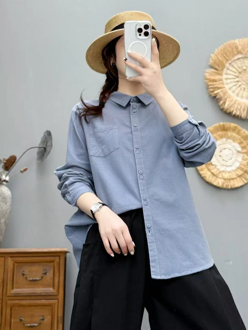 春秋全棉两粒扣设计感长袖衬衫女翻领百搭纯色蓝白色宽松衬衣打底