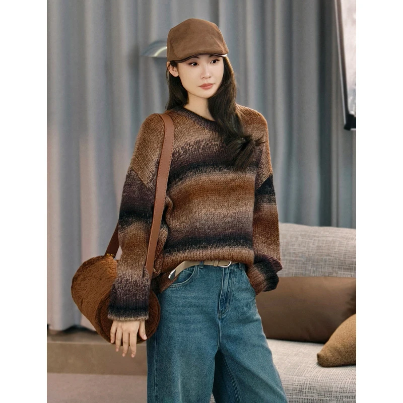 美洋MEIYANG 落霞针织衫 绵羊毛混纺_粗针织圆领撞色宽松长袖毛衣