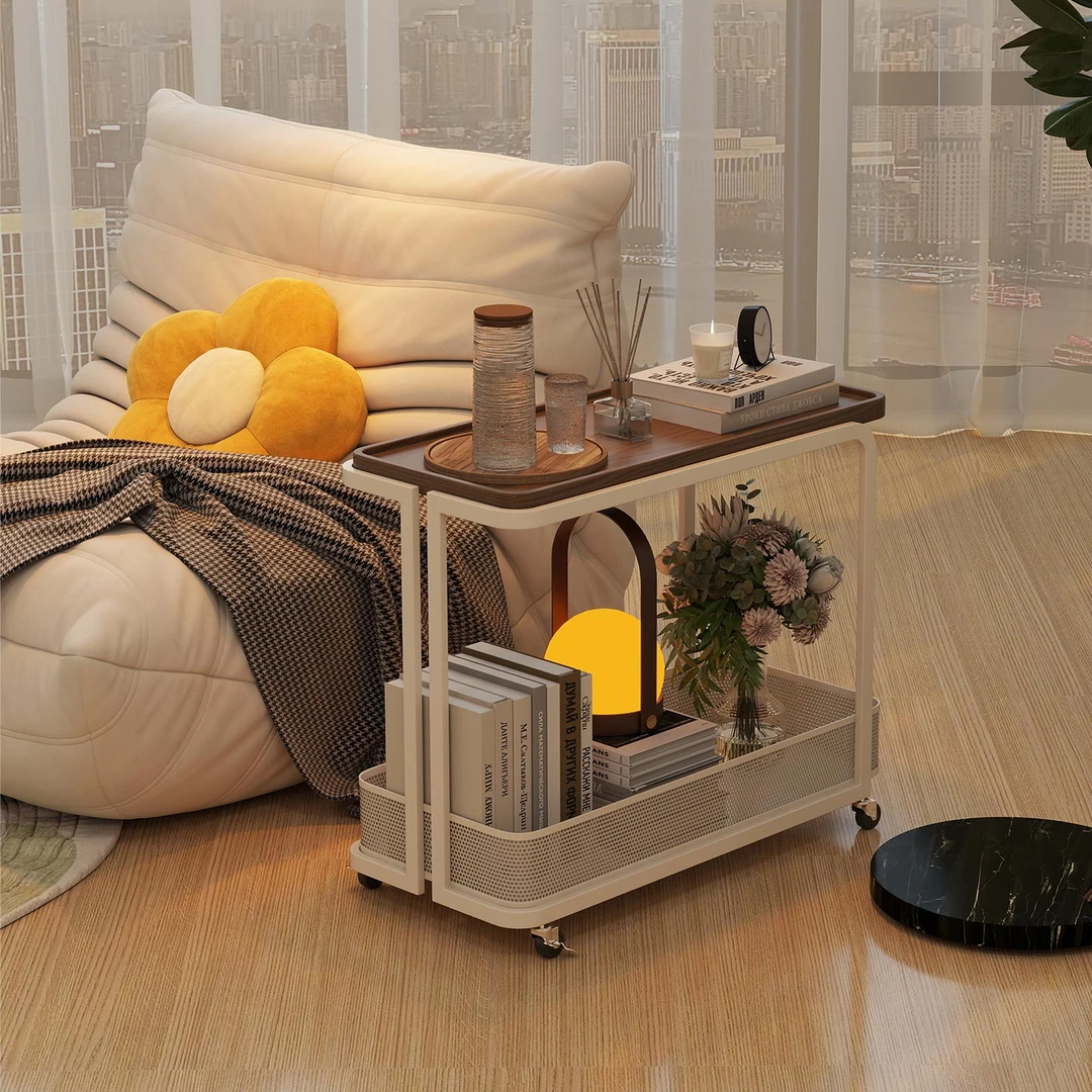 希静可移动双层小推车收纳置物架床头柜沙发边几茶几零食收纳架子