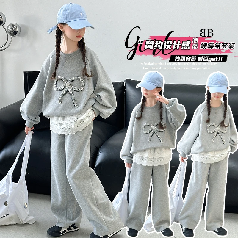 女童春秋运动蝴蝶结蕾丝卫衣套中大童潮酷休闲时尚儿童设计感套装