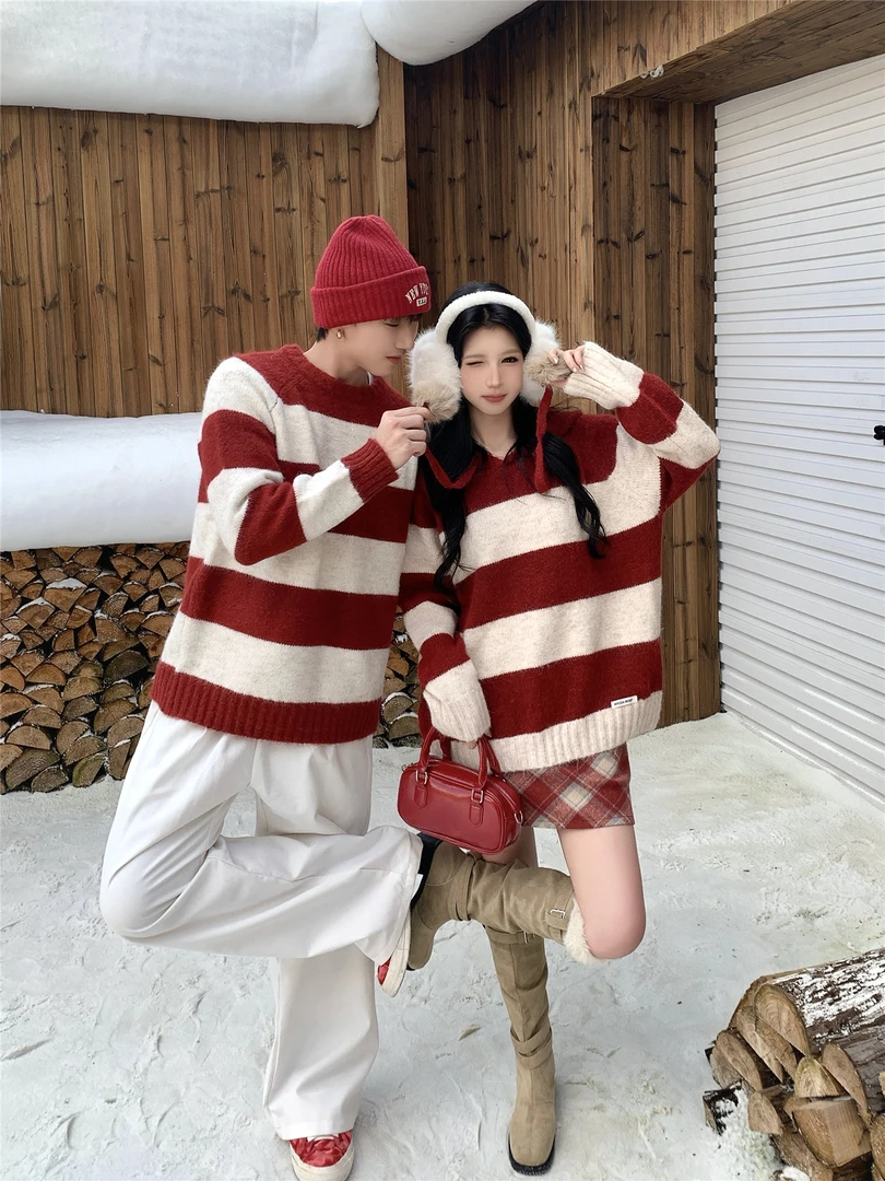 情侣秋冬毛衣套头宽松型针织衫条纹针织落肩袖韩版