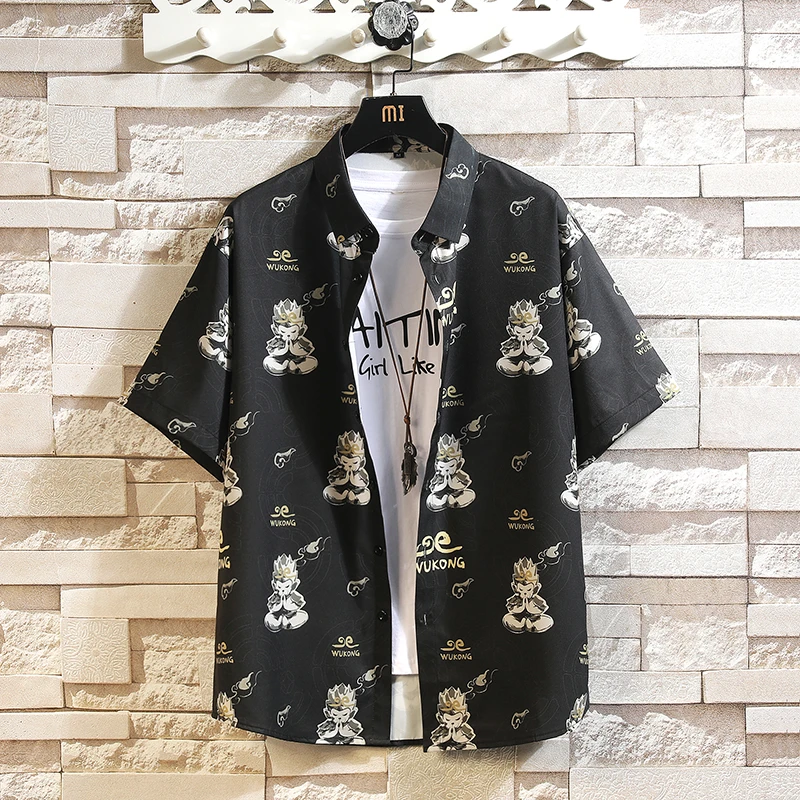 新中式国潮短袖复古衬衫男夏季宽松潮流夏威夷沙滩度假衬衣外穿