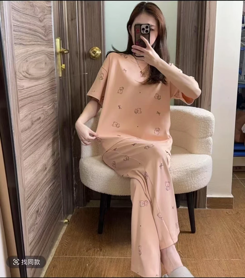 【送短裤】纯棉睡衣带胸垫短袖短裤长裤夏季女士休闲卡通大码宽松