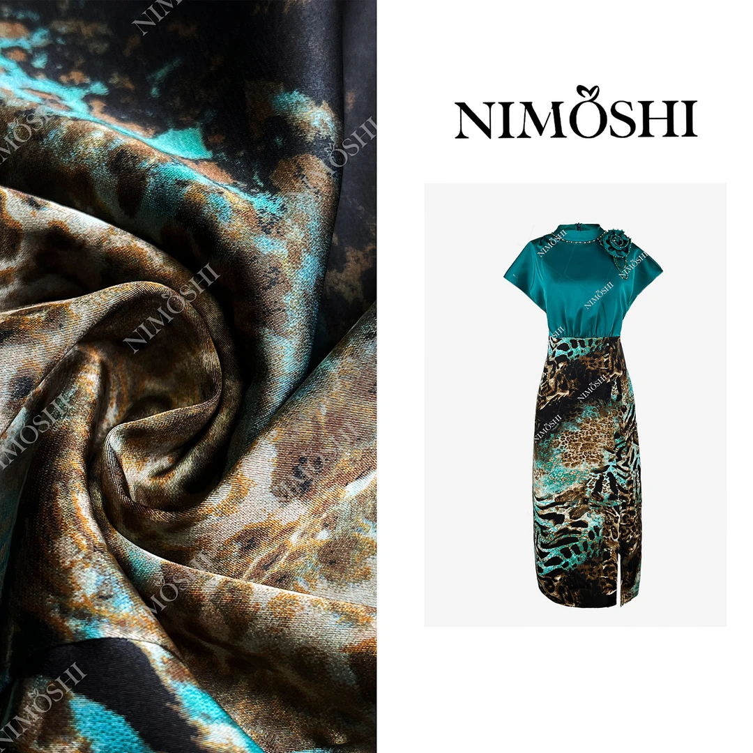 Dan总 法式复古亮绿色豹纹图案设计假两件气质连衣裙Q2065