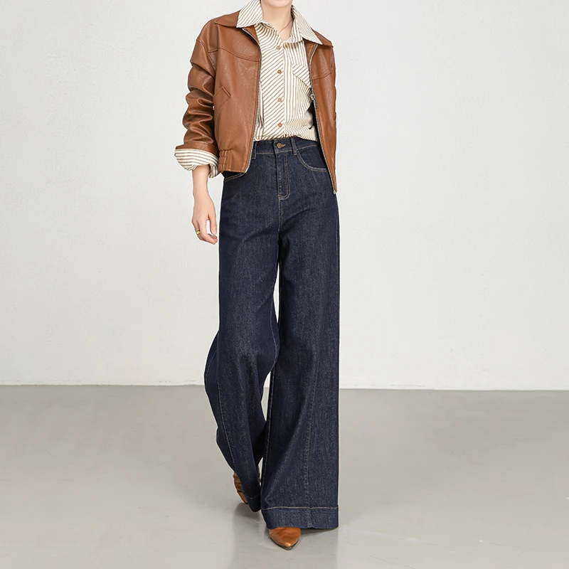 保色深蓝色阔腿牛仔裤女款爆款2025新款秋季小个子宽松直筒拖地裤