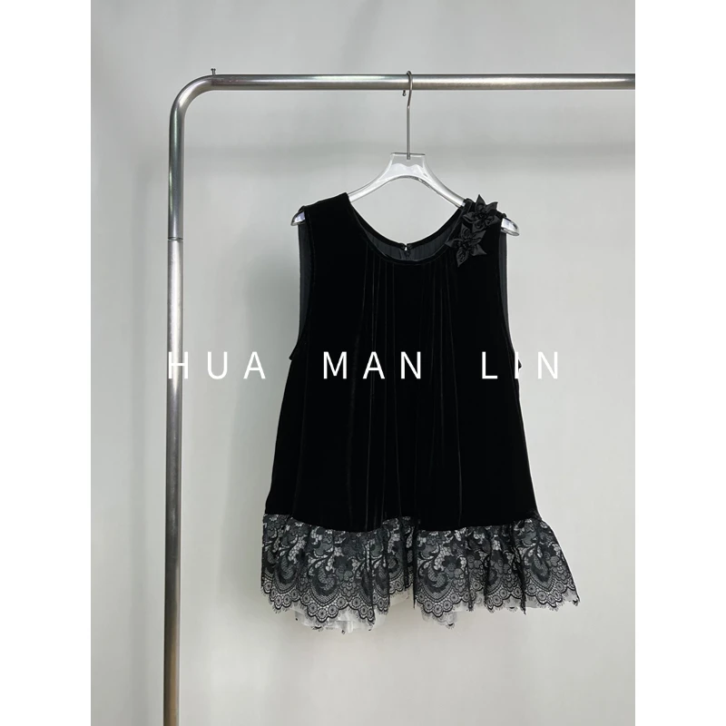 【花满林】圆领后扣下摆拼接蕾丝立体花真丝丝绒桑蚕丝上衣52011