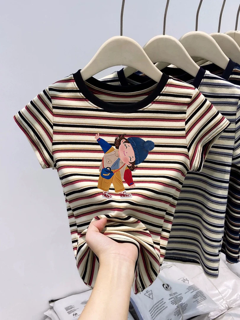 辣妹时髦细条纹女上衣减龄正肩显瘦T恤撞色修身打底夏季新款短袖