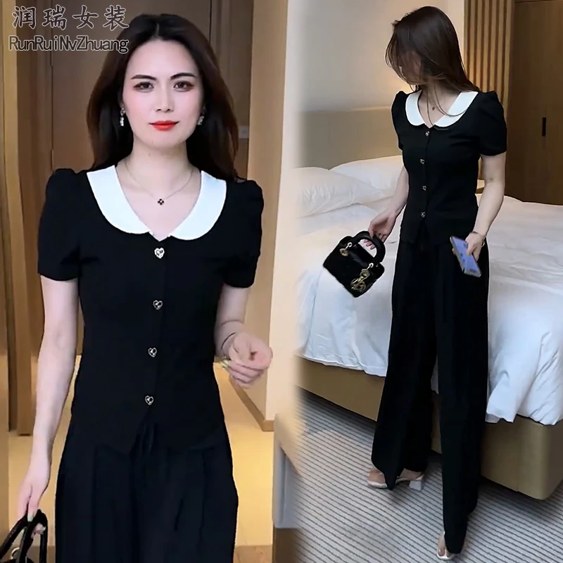 小个子时尚套装女2025夏季新款洋气撞色设计短袖T恤阔腿裤两件套