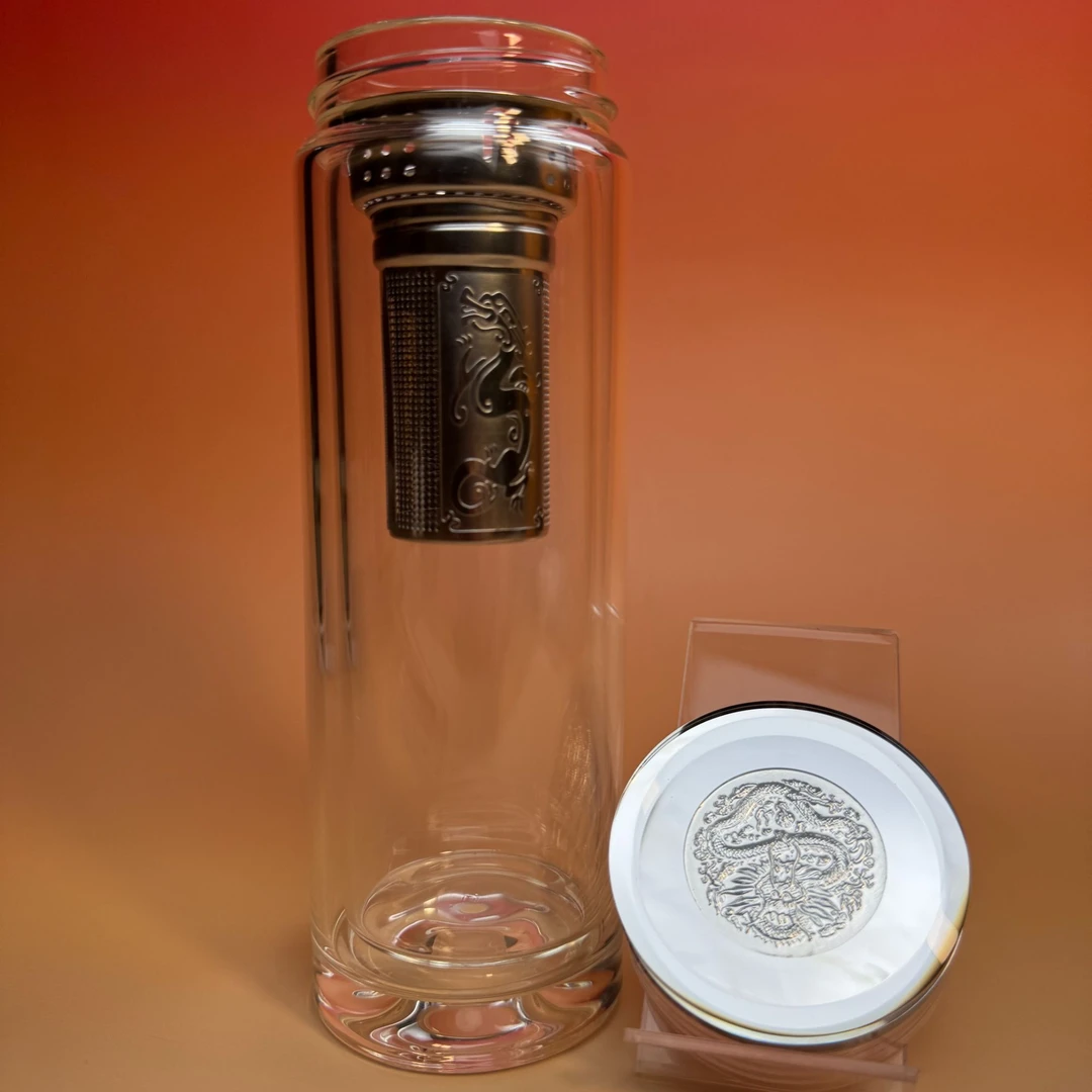 高端水晶龙纹高硼硅304不锈钢茶仓车载双层玻璃杯