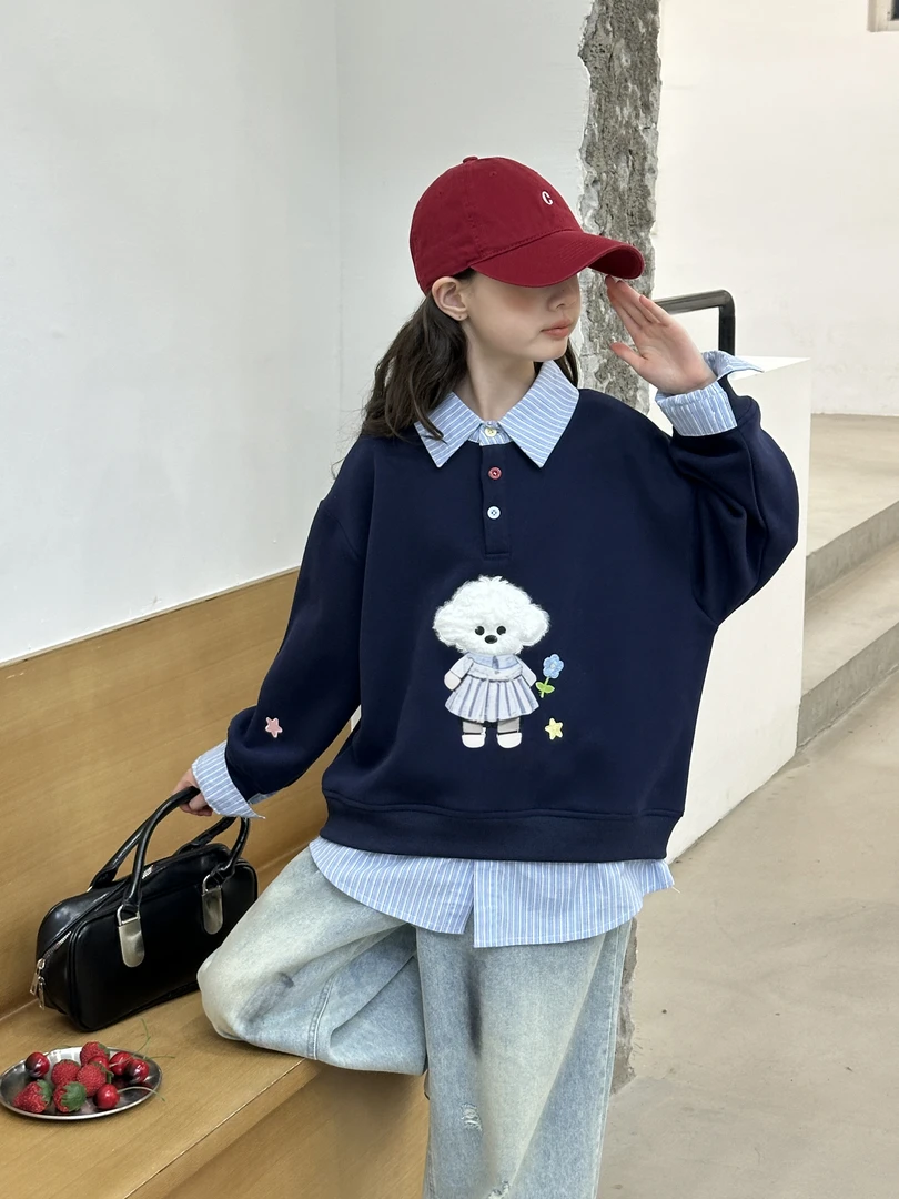 女童假两件秋季洋气套装新款中大童卡通长袖春秋韩版拼接两件套