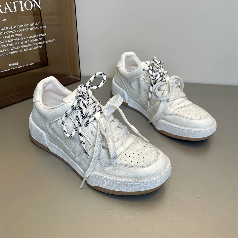 2025秋季新款复古擦色做旧脏脏鞋小白鞋女双鞋带时尚百搭休闲板鞋