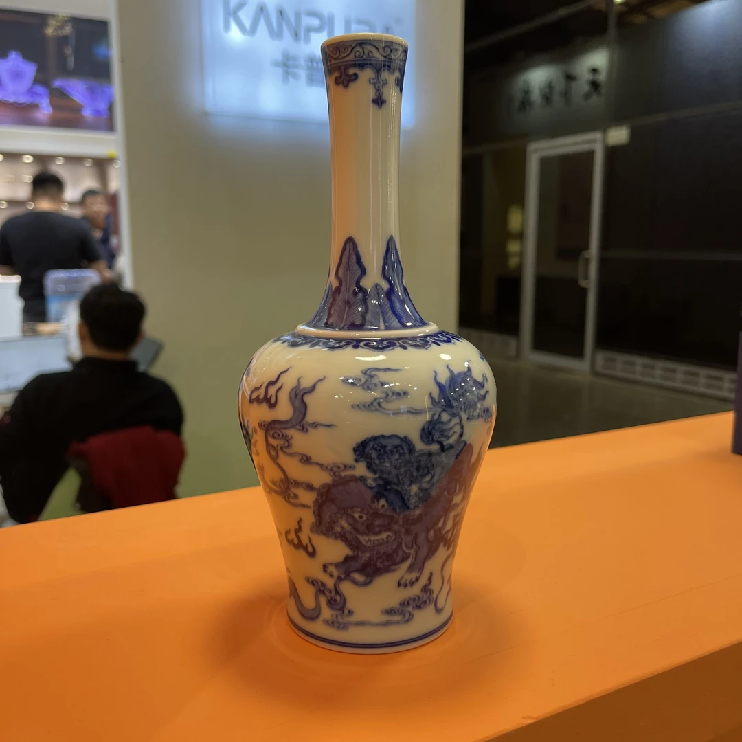 钟家窑 柴窑 纯手绘 青花 狮子摇铃尊