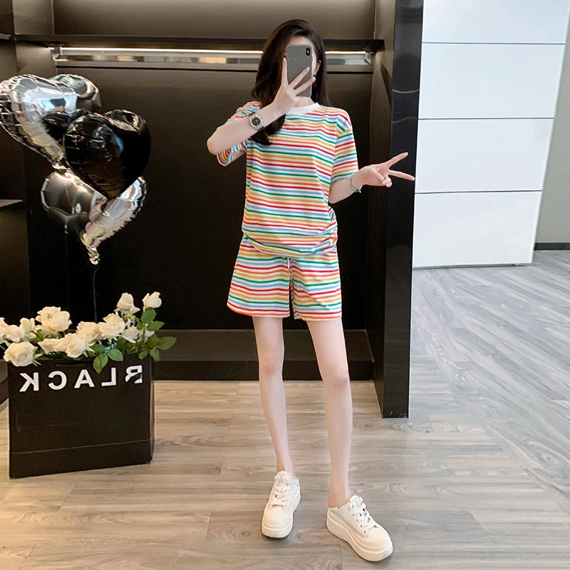 休闲运动套装两件套运动夏装五分高腰宽松大码外穿条纹小个子时尚