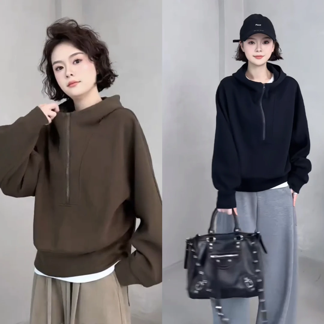 2025年秋季流行连帽半拉链卫衣短外套女爆款时尚洋气宽松显瘦上衣