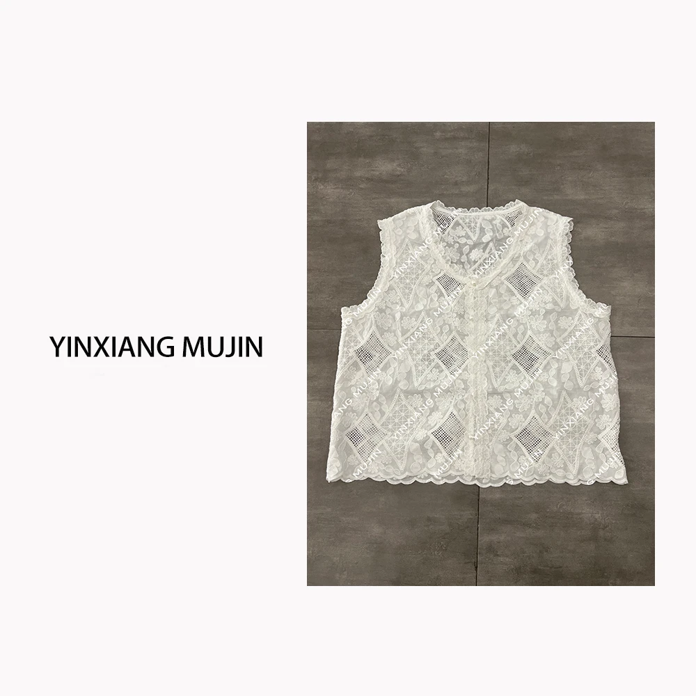 【YINXIANGMUJIN】刺绣方块上衣 花边领设计款马甲女士开衫式马夹