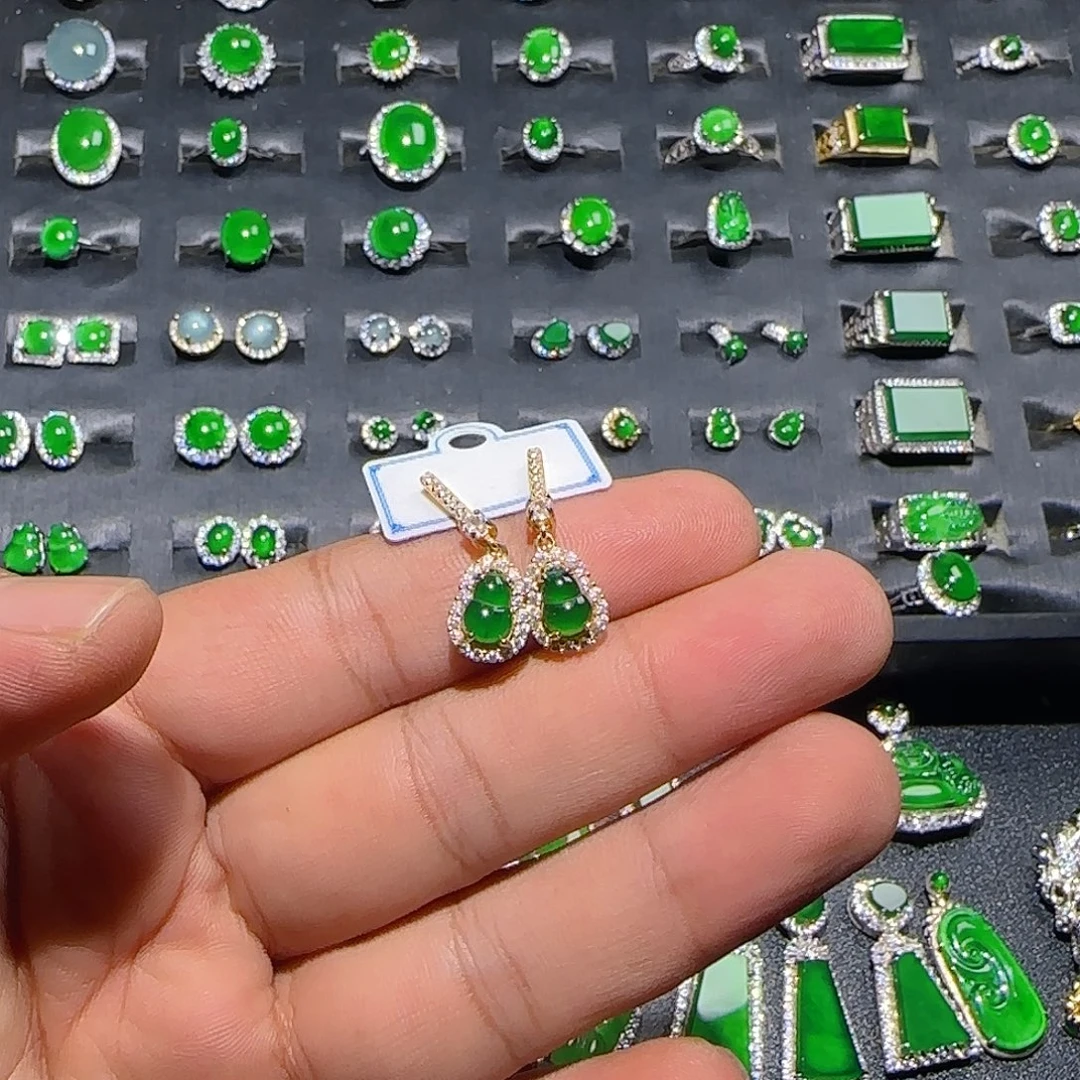 翡翠银S925镀金镶嵌耳饰