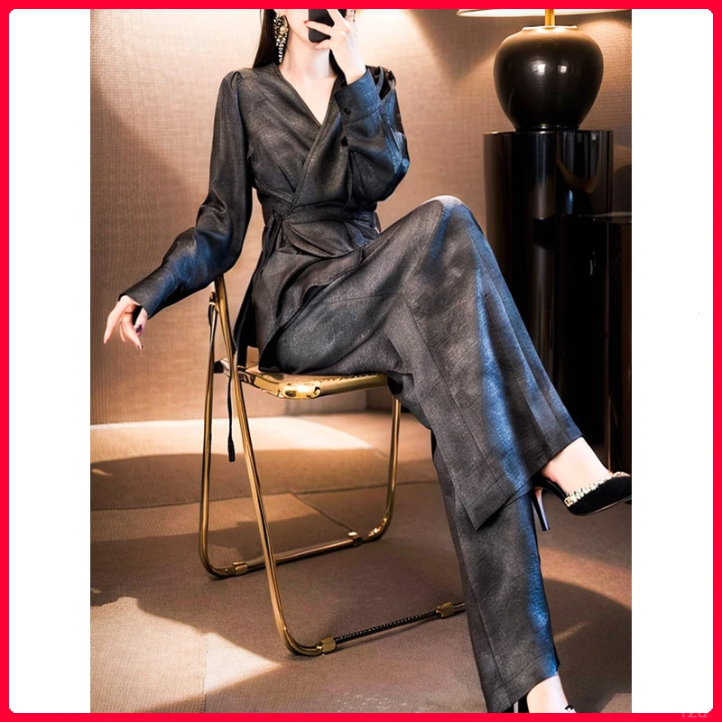2025年春季高端欧货设计感通勤显瘦炒色v领上衣阔腿裤两件套装女