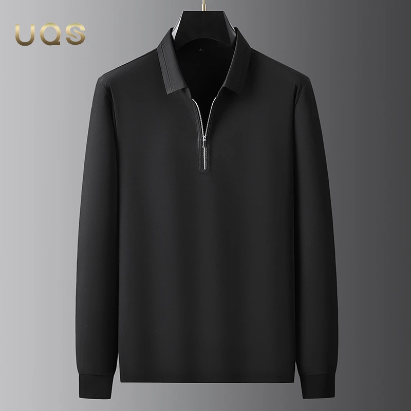 大码拉链翻领男士POLO衫秋季宽松舒适高弹长袖上衣纯色日常百搭款