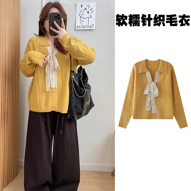 温柔风蕾丝拼接蝴蝶结系带v领毛衣女秋冬大码软糯内搭针织打底衫