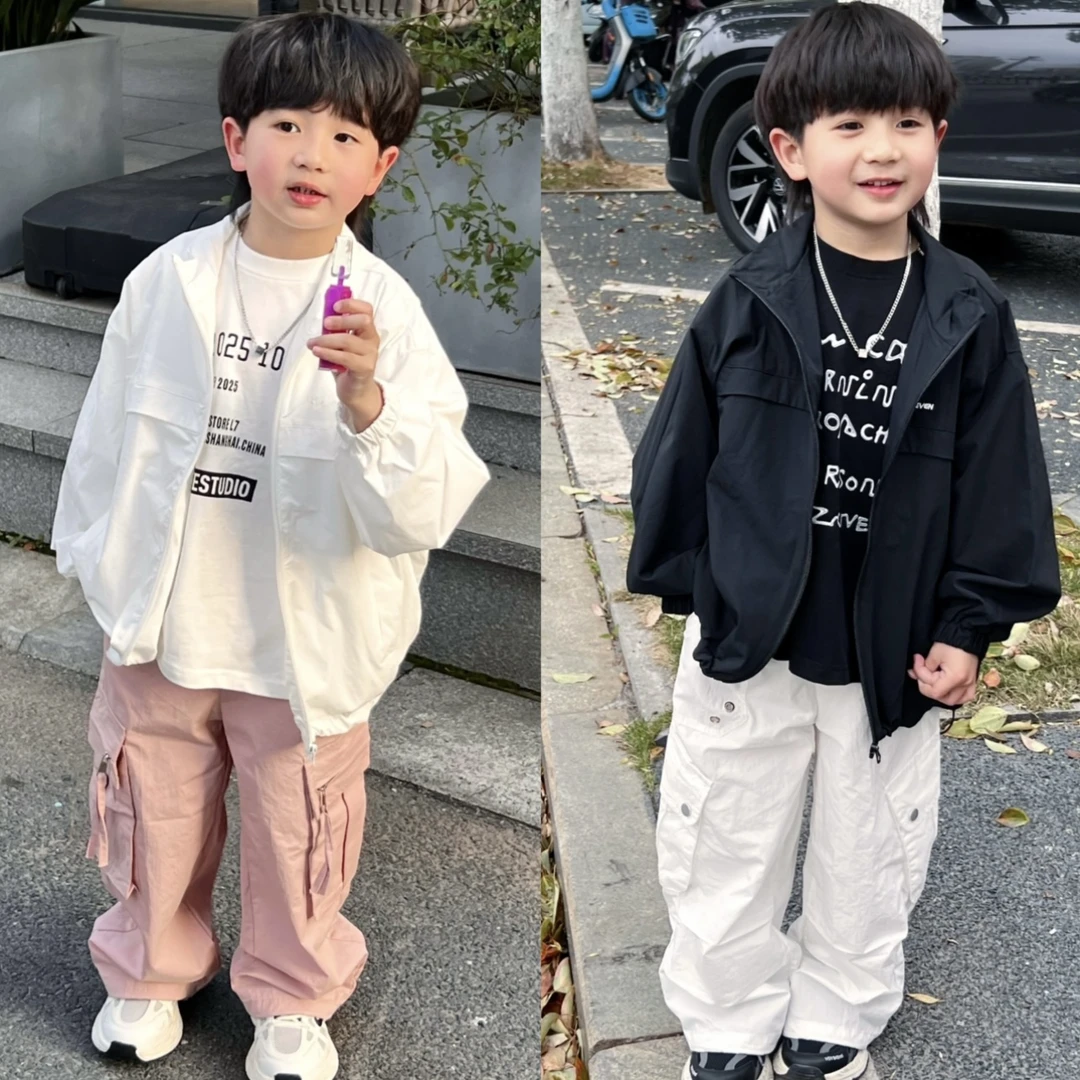 2025春夏款儿童帅气刺绣纯色外套男女童网格里衬开衫防晒衣外套