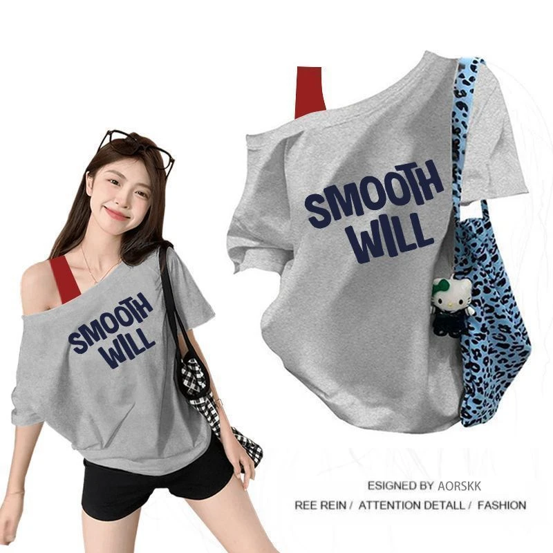 【ZHAP】穿搭单肩露肩吊带宽松短袖t恤女斜肩上衣女通勤休闲盐系潮