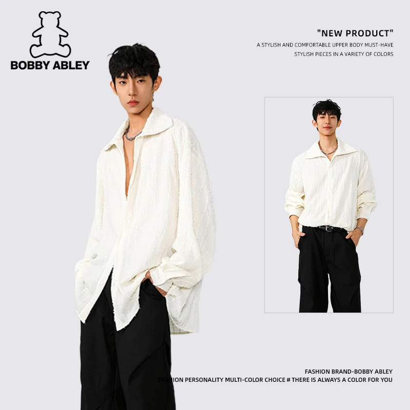 BOBBY ABLEY肌理感褶皱长袖衬衫男春季美式痞帅宽松休闲衬衣外套