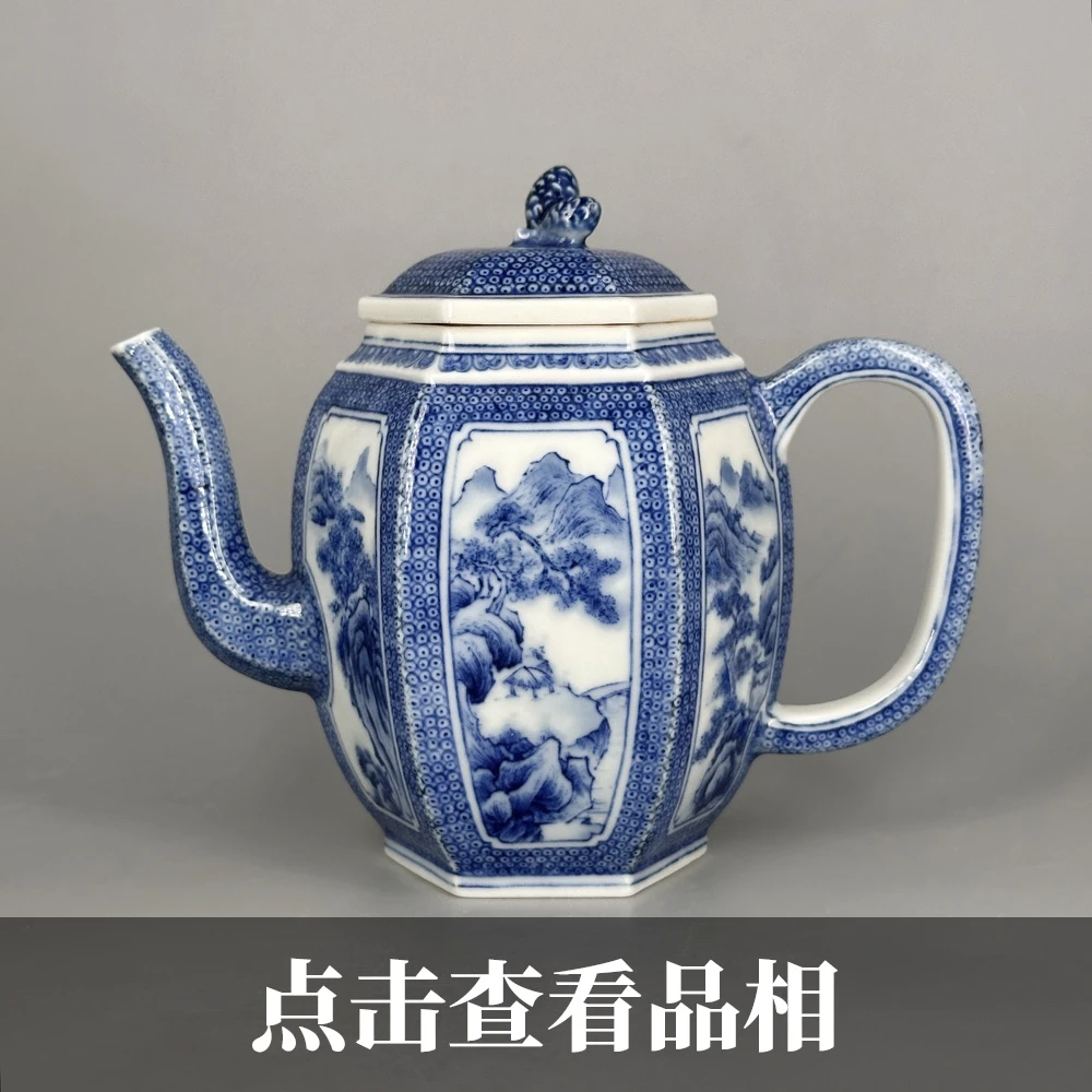 知竹山房青花六面开窗重工山水瓷壶0815-34-300
