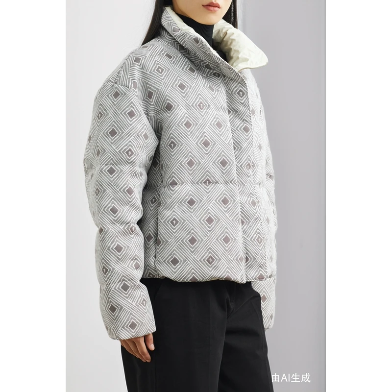 Gu_De 女菱形花纹鸭绒羽绒外套