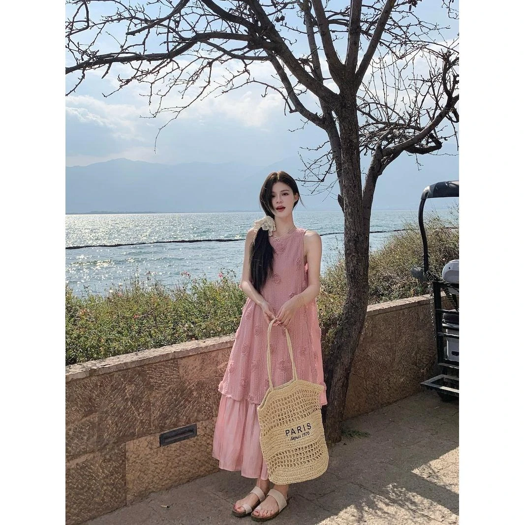 法式度假风甜美温柔风背心连衣裙女设计感拼接立体花朵度假裙