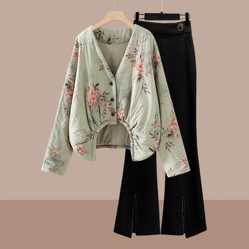 新中式国风套装女士秋冬新款大码独特漂亮超好看棉服阔腿裤两件套