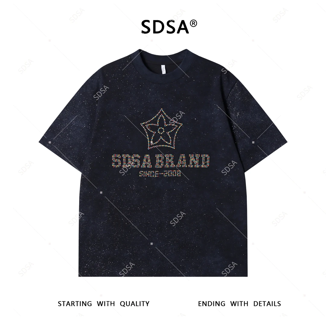 夏季高级感新款男士美式满天星彩色字母刺绣设计短袖T恤时尚轻奢