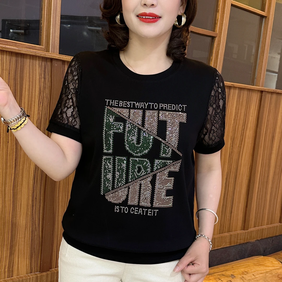 夏季短袖T恤女2025新款宽松显瘦中年妈妈装蕾丝袖设计款女装上衣