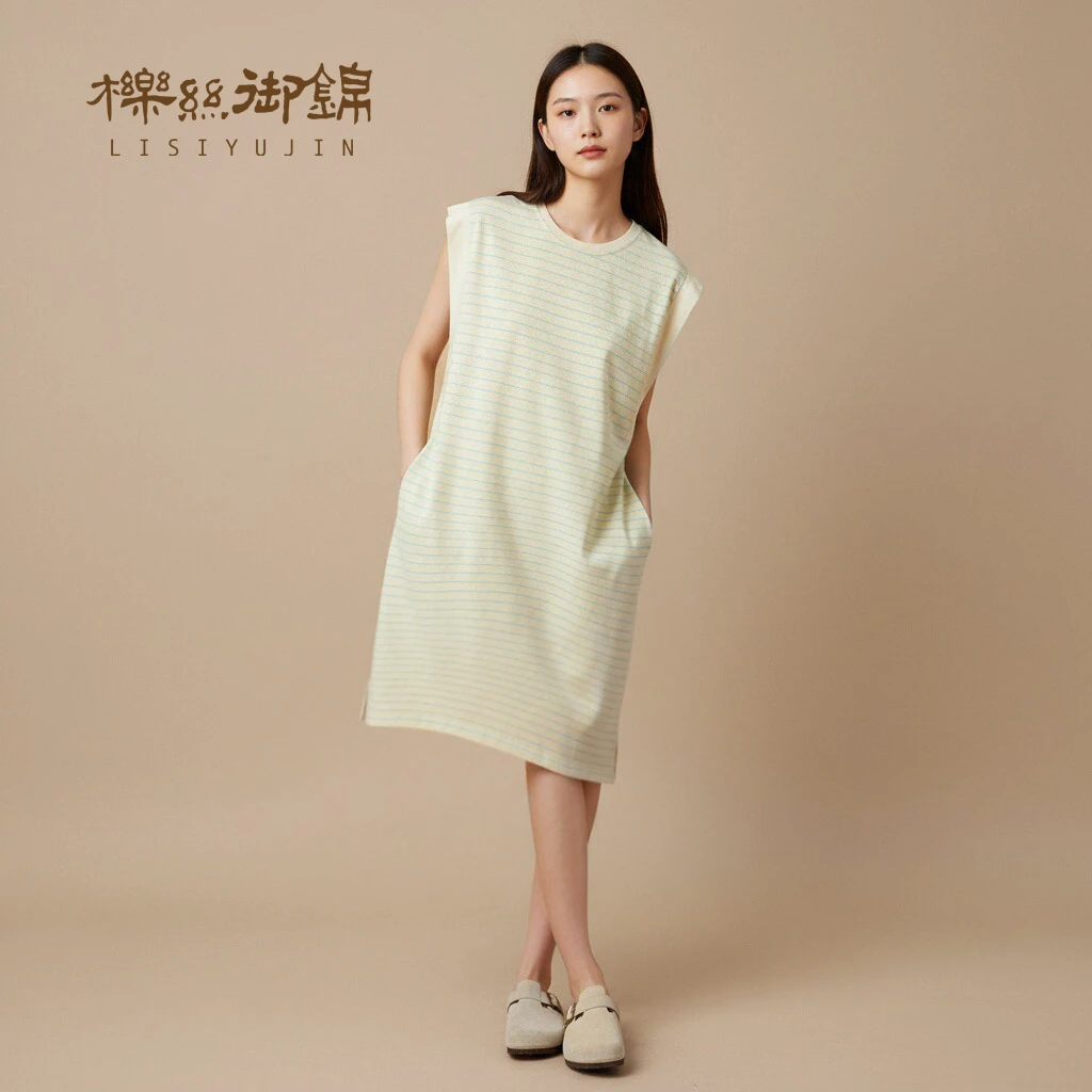 柞蚕丝女士中长款无袖条纹睡裙休闲百搭夏季宽松圆领睡裙W50488D