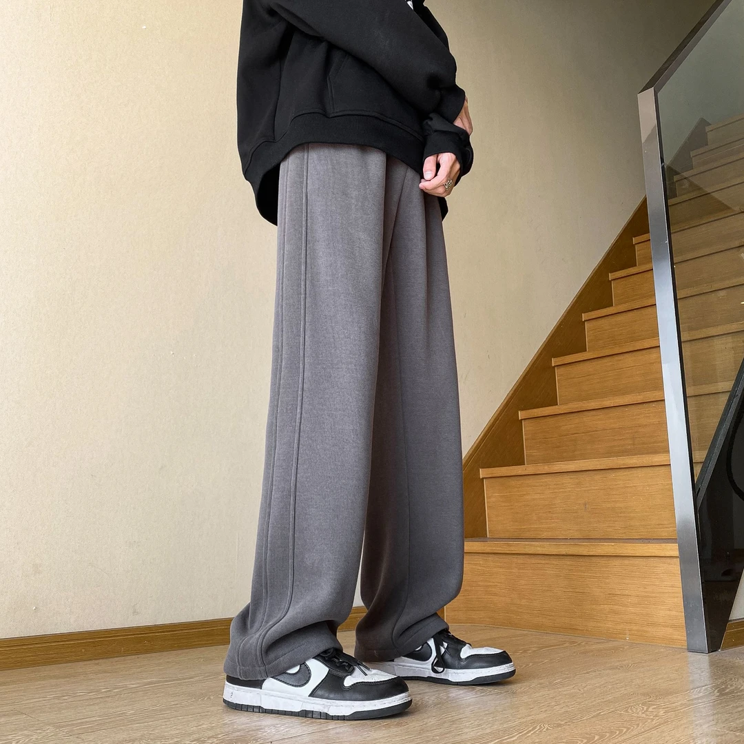 K6258港风潮牌冬季保暖加绒加厚纯色情侣百搭宽松休闲直筒卫裤