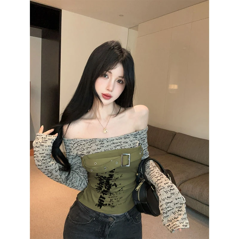 2025秋季新款一字肩印花拼接金属扣长袖上衣修身百搭休闲裤两件套