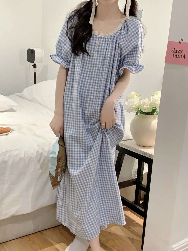 韩国ins小清新格子纯棉睡裙女款夏季短袖甜美蕾丝花边睡衣家居服