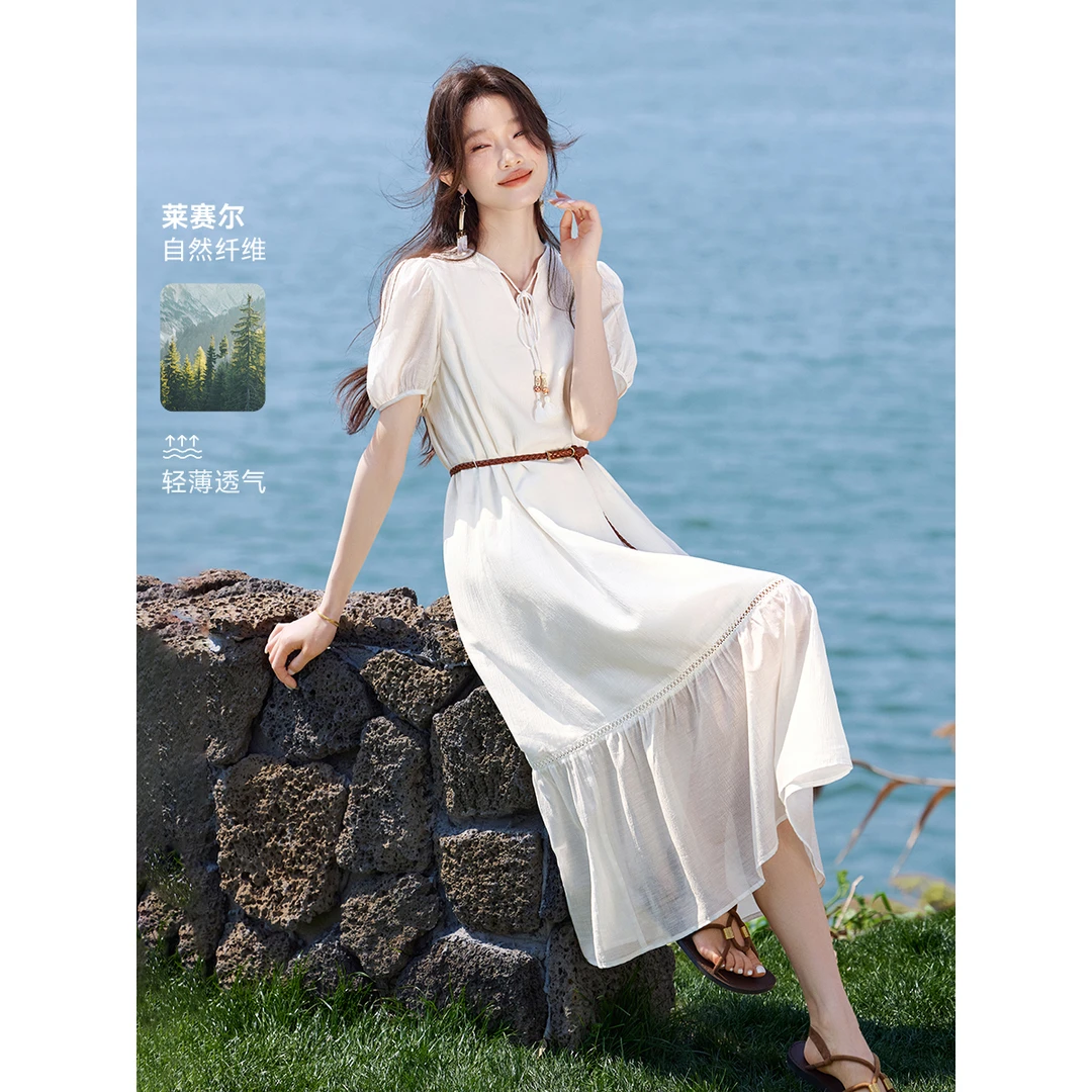 沫晗依美【城市假日】莱赛尔轻薄连衣裙25夏波西米亚飘逸泡泡袖8508