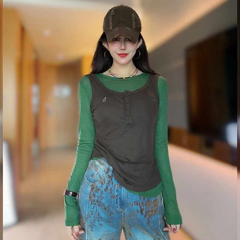 秋季新款圆领长袖假两件T恤女士时尚显瘦百搭休闲上衣内搭打底衫