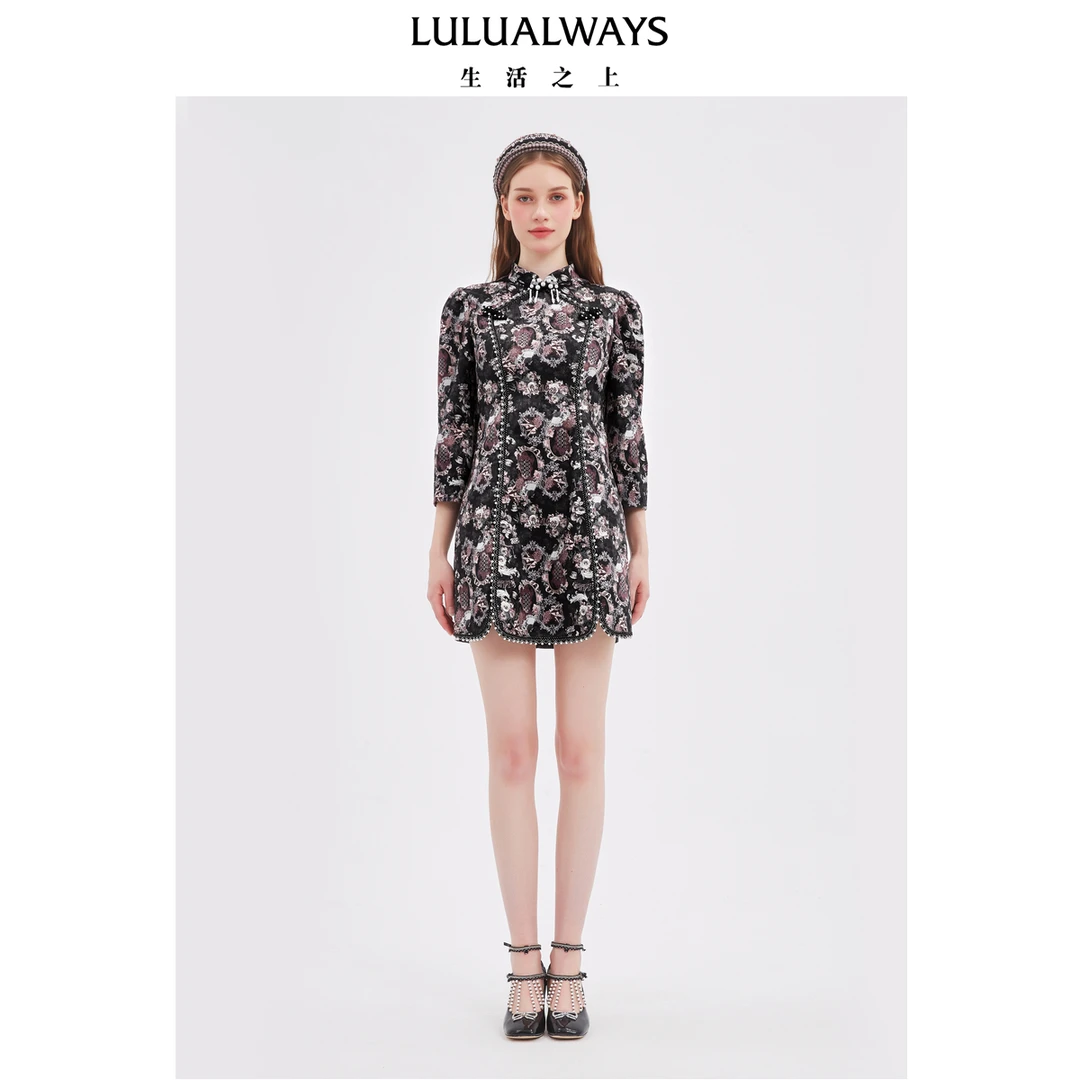 LULUALWAYS我爱露露25秋季新款【繁花雅韵】新中式复古立领连衣裙
