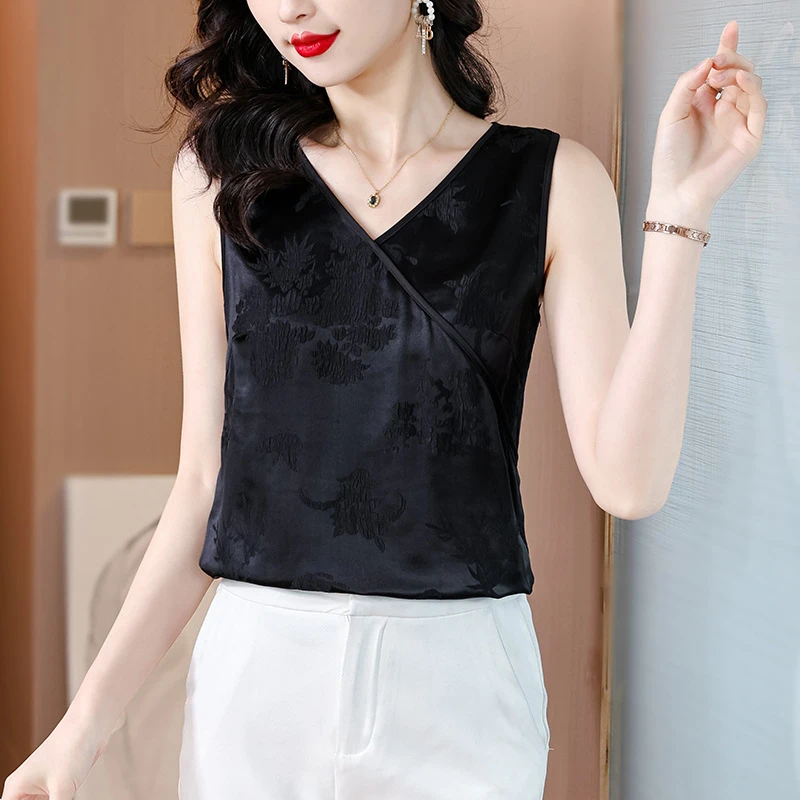 中式V领真丝宽松内搭女2025夏季国风肌理提花性感外穿背心女