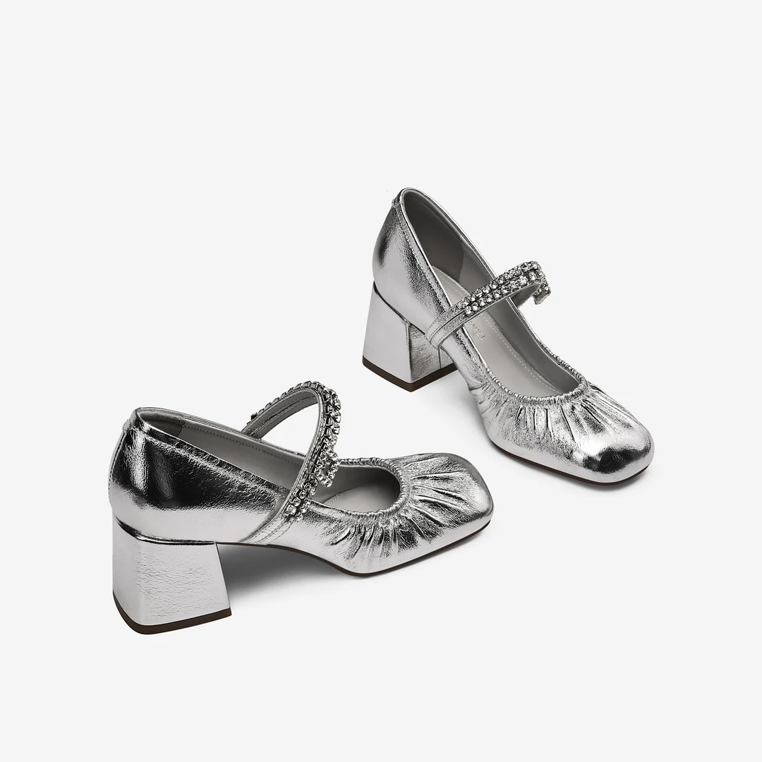 银色水钻一字带高跟鞋女2025秋季新款粗跟法式复古浅口玛丽珍单鞋