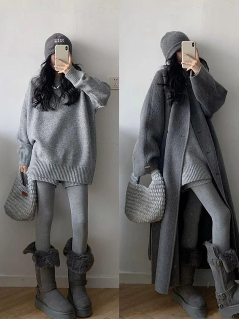 韩系慵懒风灰色高级感套装女秋冬毛衣针织衫短裤时尚两件套小个子