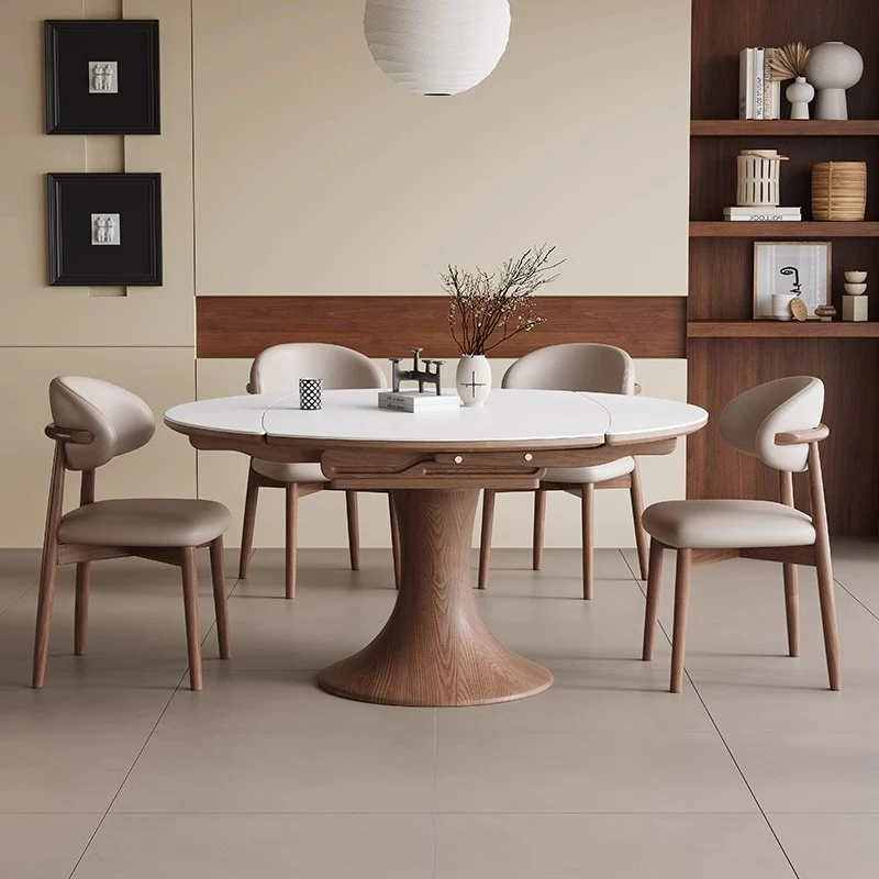 中古风岩板圆形可伸缩方圆两用餐桌现代简约折叠小户型家用餐桌椅